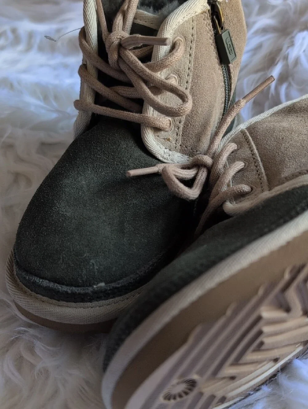 UGG Two-Tone Suede Lace-Up Ankle Boots in Olive Green & Taupe